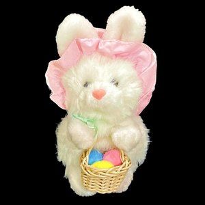 Vintage Applause White Easter Bunny 8" Stuffed Plush - Bonnet Straw Basket Eggs